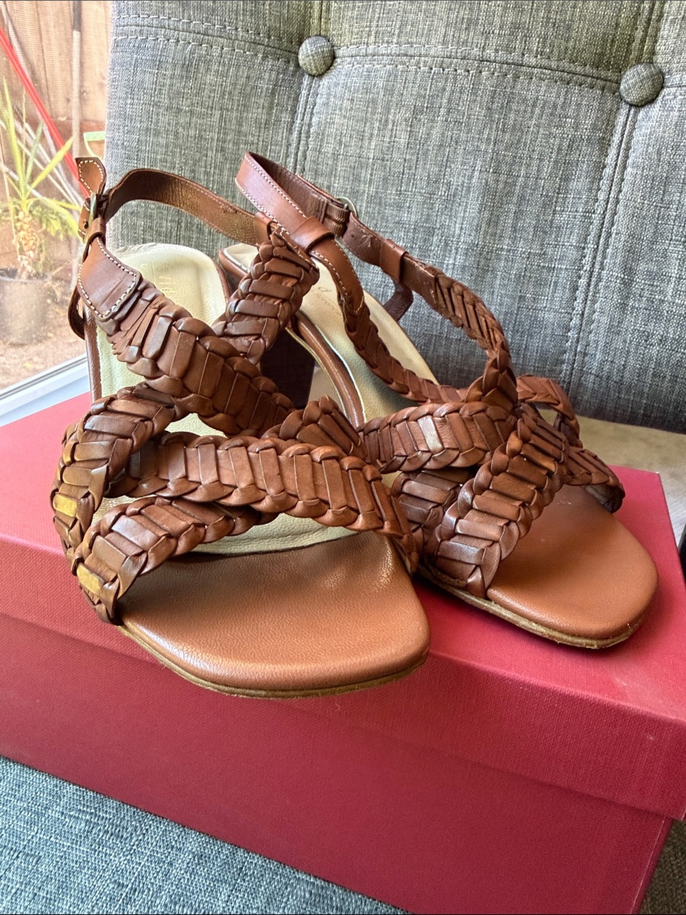 David Tate Cognac Calf Braided Leather Sandal Heel